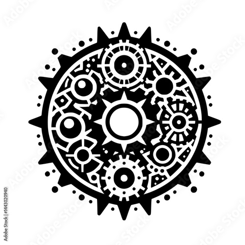 Obraz na płótnie Intricate Mechanical Gear Symbol Illustration. Abstract black and white circular technical design element with complex clockwork details. w salonie