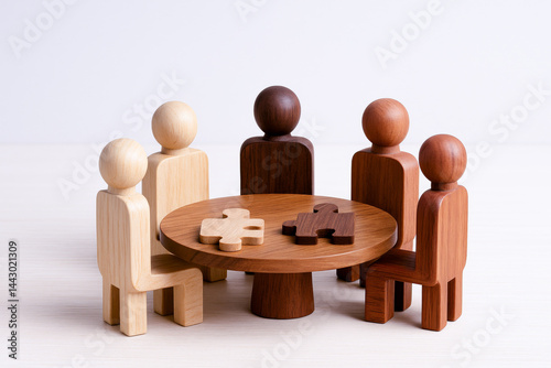 Cultural diversity and inclusive workplace shown by authentic representation of people around table with puzzle pieces