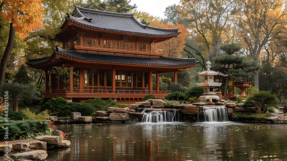 Fototapeta premium Serene Japanese pavilion reflecting on peaceful pond high resolution photo
