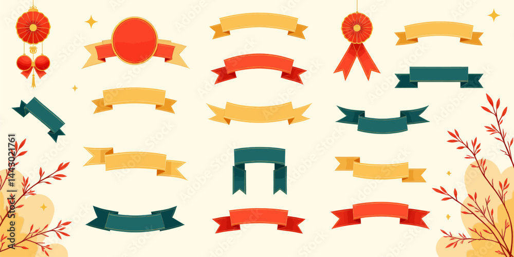 Ornate Ribbon Banner Collection with Lanterns and Foliage