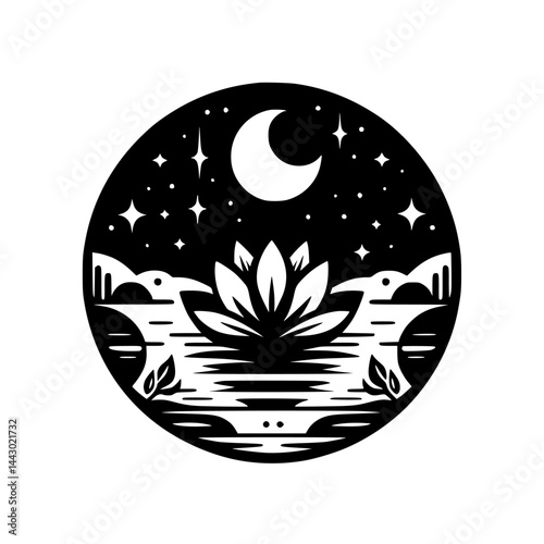 Serene Lotus Pond Under Moon & Stars - Black & White Graphic Illustration