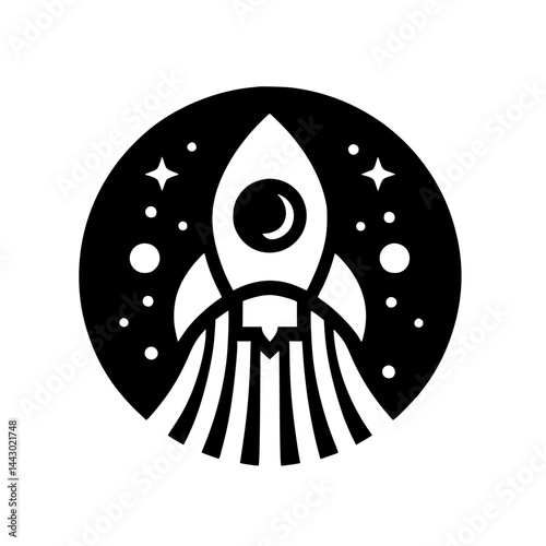 Minimalist Black and White Space Rocket Icon in Circle - Cosmic Exploration Illustration
