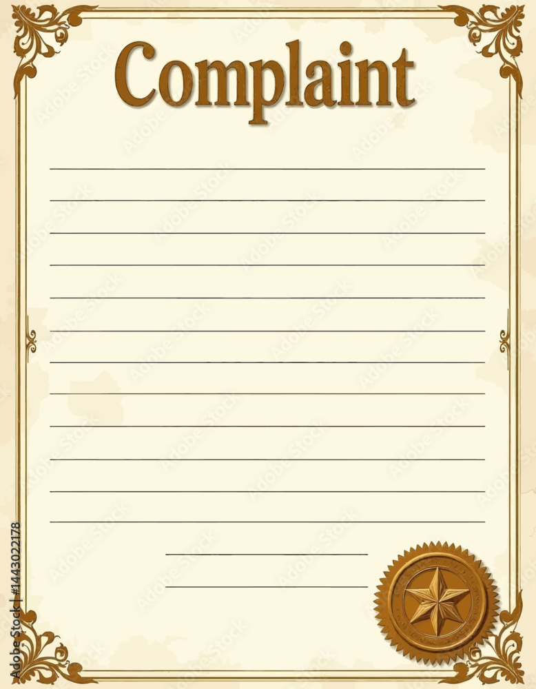 Ornate Complaint Form with Seal and Lines