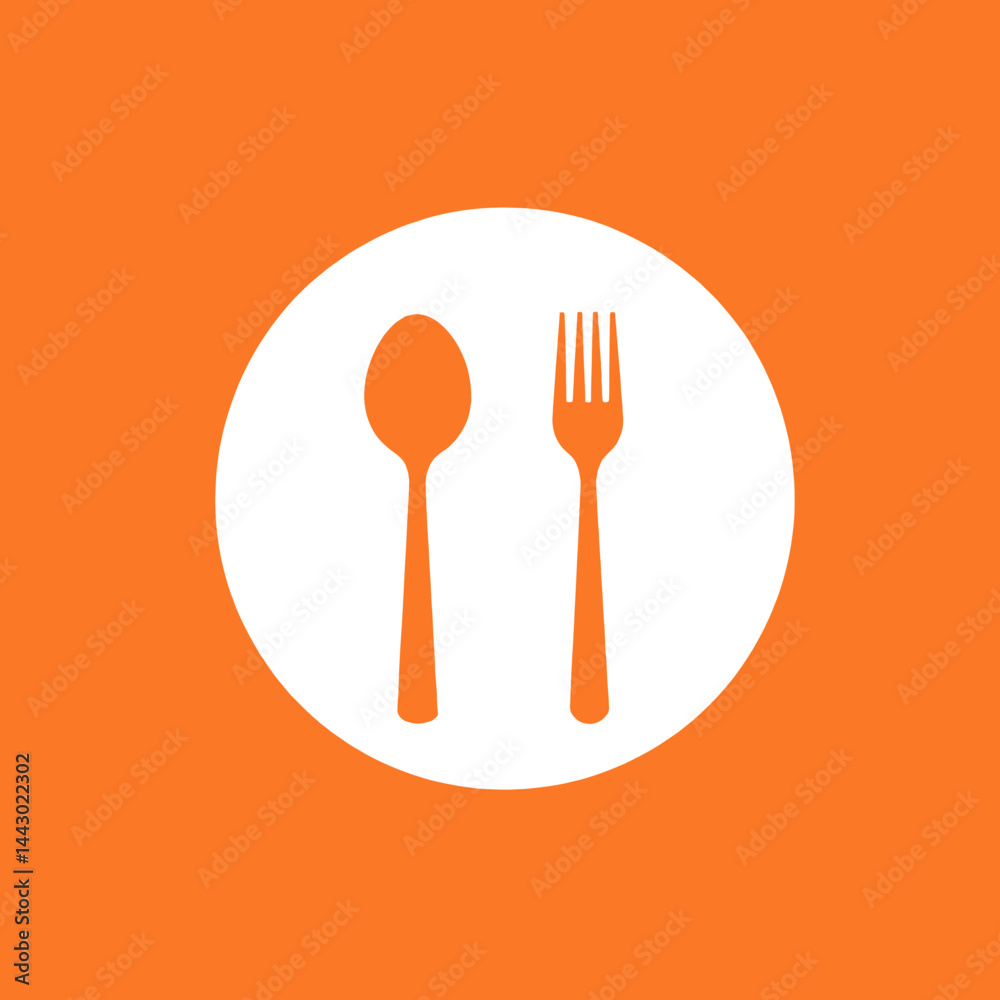 Orange Spoon and Fork Icon on White Circle