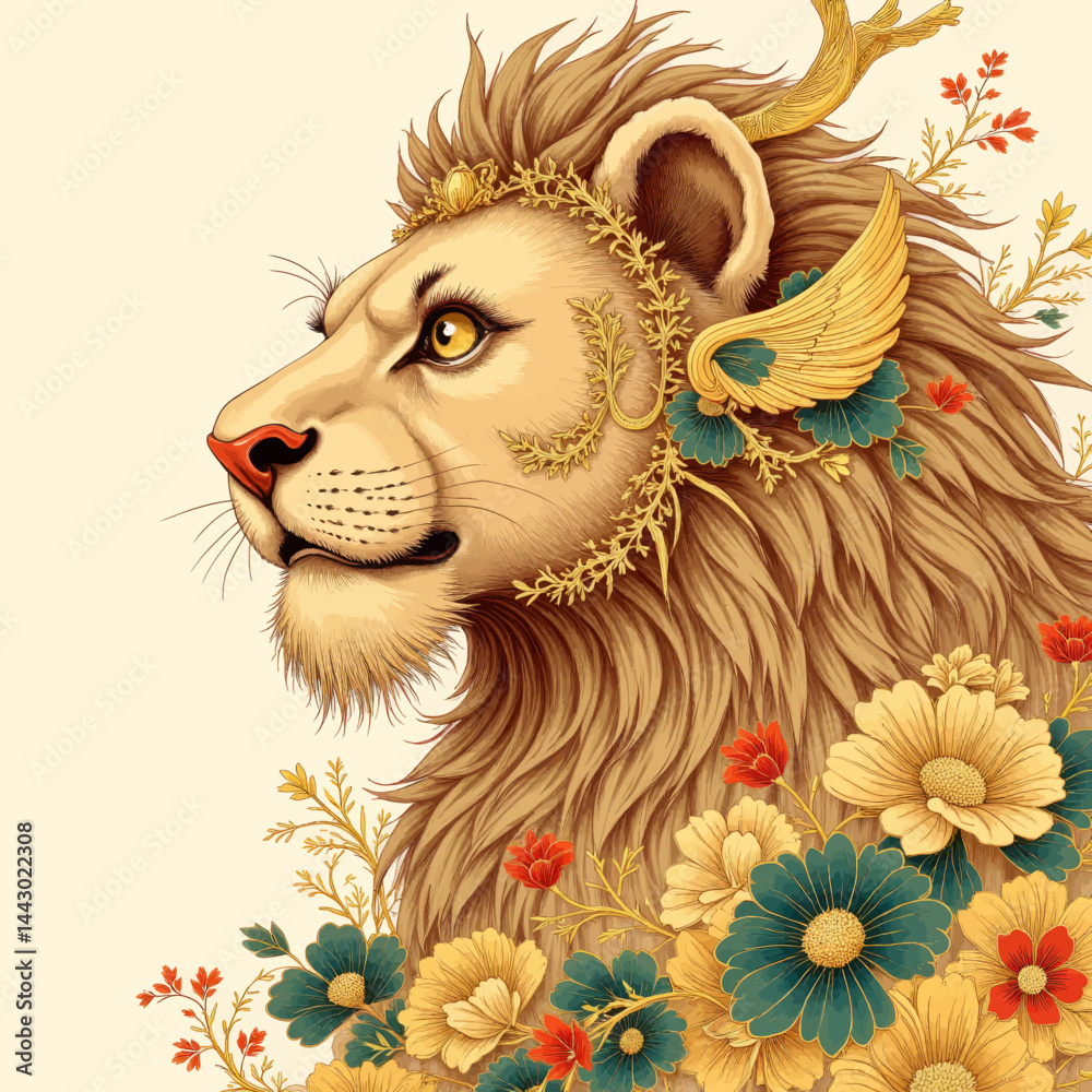 Ornate Lion with Floral Adornments and Golden Wings