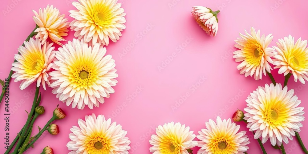 Fresh chrysanthemum blossoms arranged like paintbrush strokes on a pink background, summer, spring Fresh chrysanthemum blossoms arranged like paintbrush strokes on a pink background, summer, spring