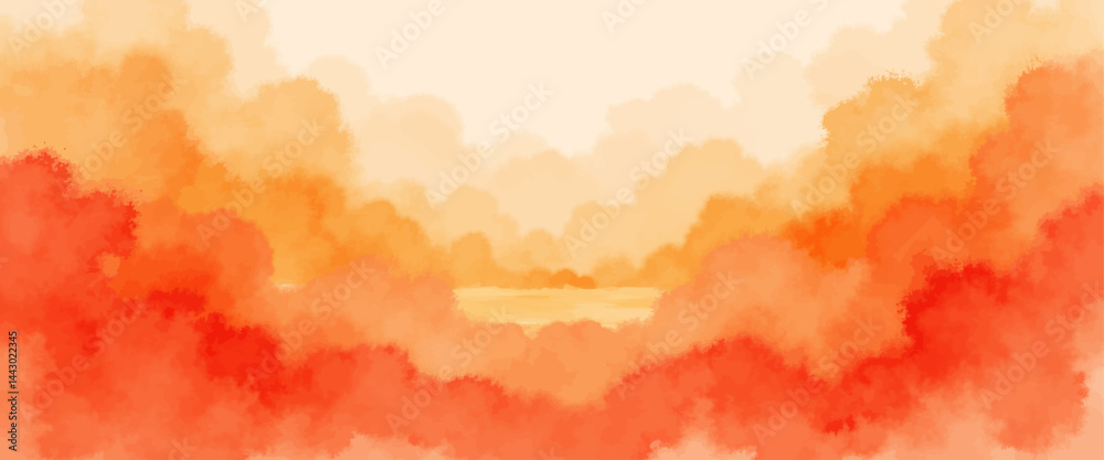 Orange Watercolor Landscape with Water and Sky