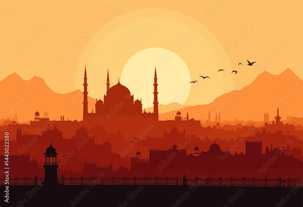 Orange Silhouette of Mosque and Cityscape at Sunset