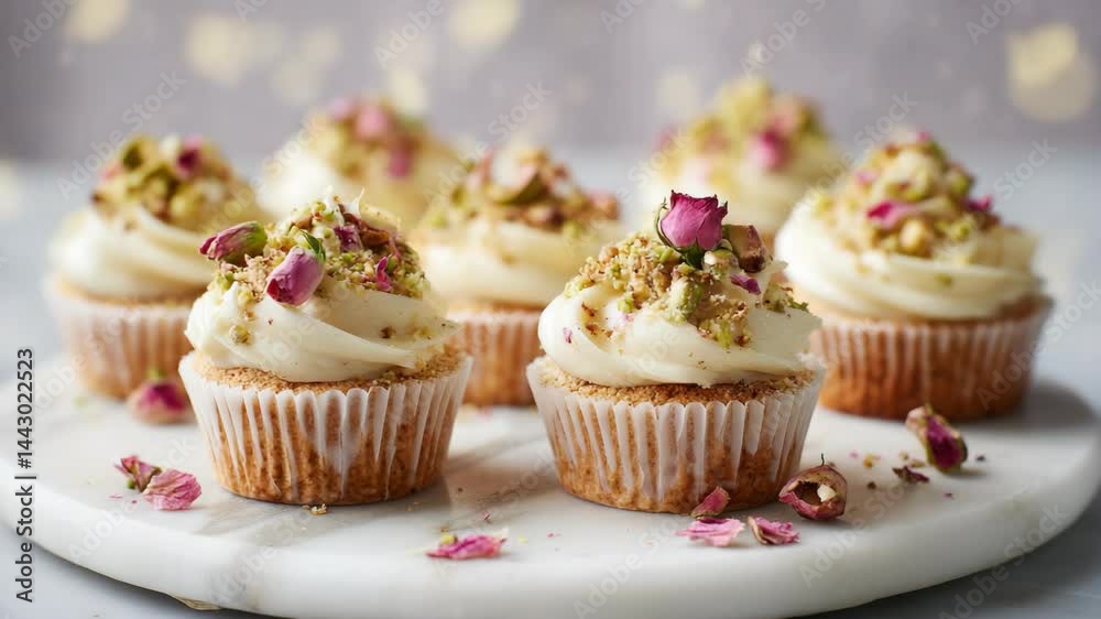 Elegant cupcakes arranged on a marble slab, topped with buttercream frosting, pistachios, and dried rose buds, with a soft bokeh background Elegant cupcakes arranged on a marble slab, topped with buttercream frosting, pistachios, and dried rose buds, with a soft bokeh background
