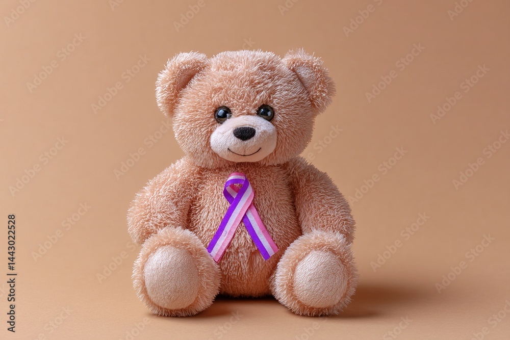 close up cute teddy bear with ribbon on beige background for representative of awareness of childhood cancer concept close up cute teddy bear with ribbon on beige background for representative of awareness of childhood cancer concept