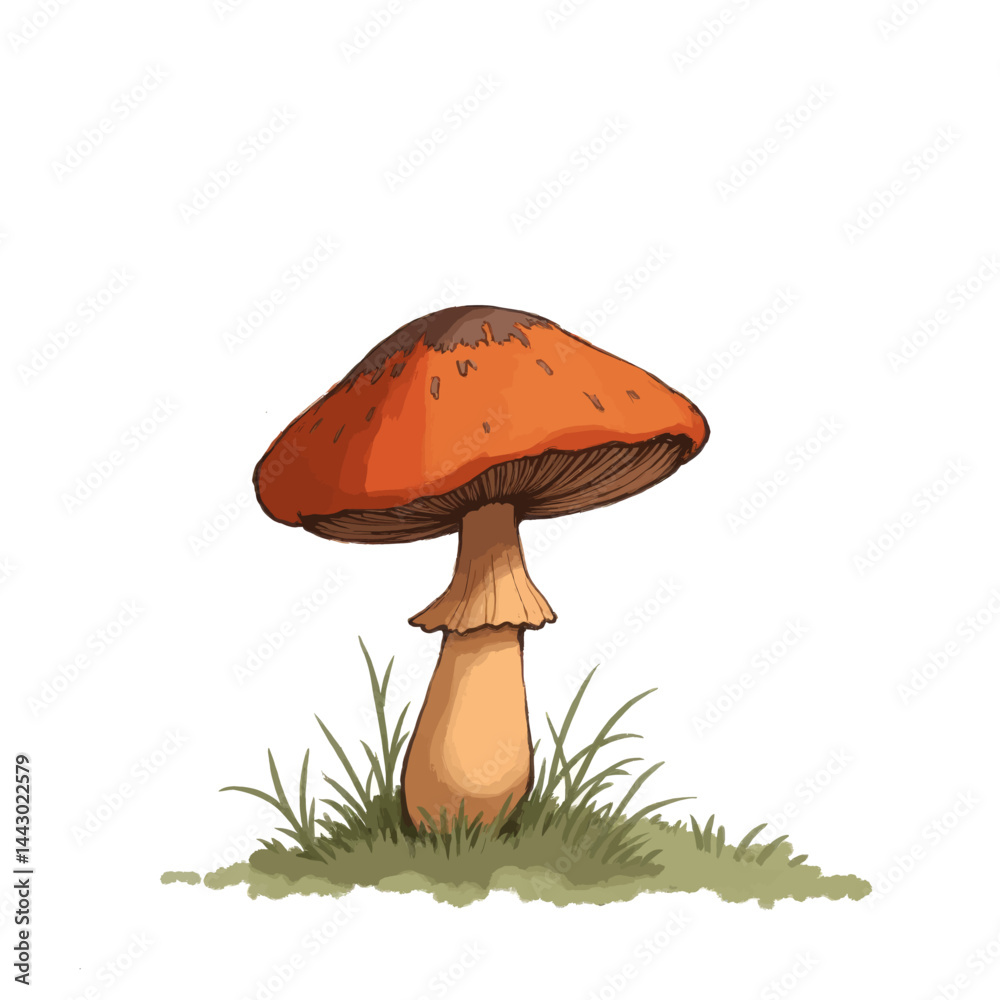 Orange-capped mushroom with grass illustration