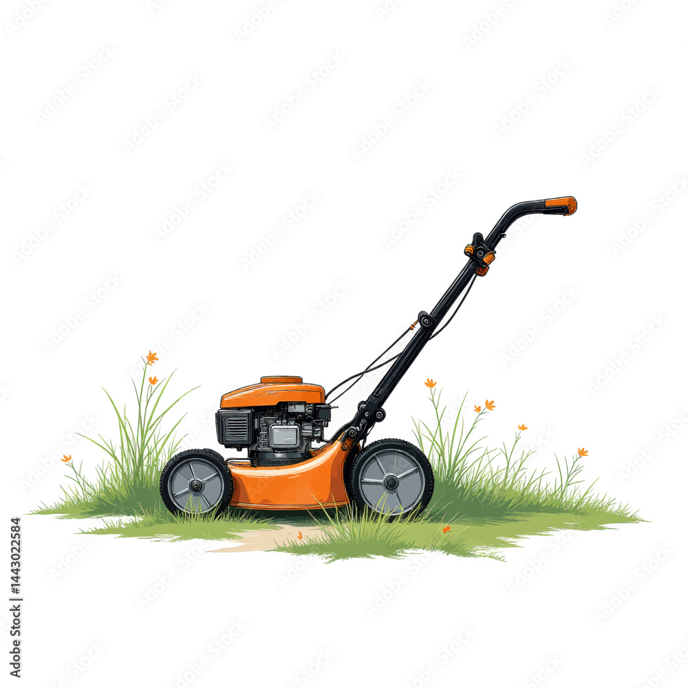 Orange lawn mower in grass with flowers illustration