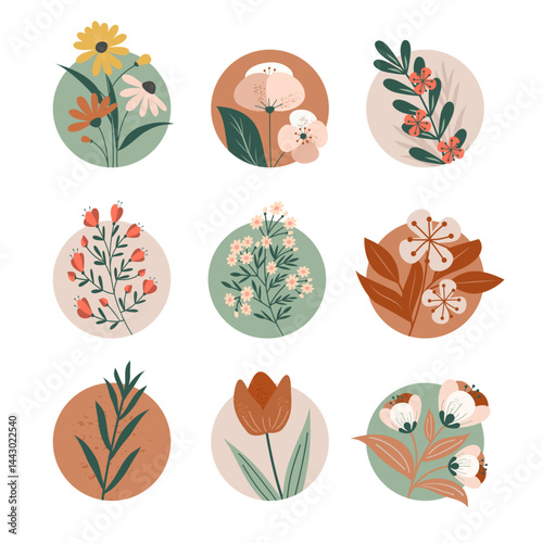 A set of beautiful compositions with flowers on branches with leaves in a circle in retro colors and graininess. Vector illustration.
