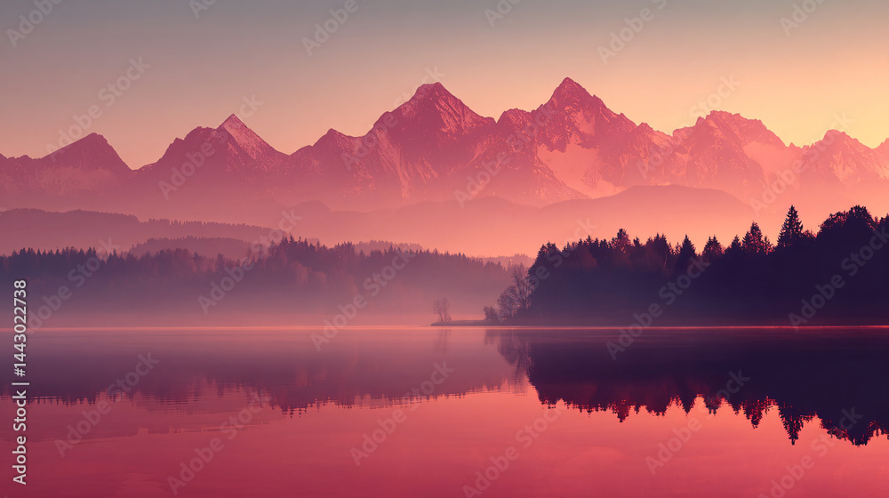 Fototapeta premium Dreamy Mountain Mirage: Sunset Reflections in Soft Haze