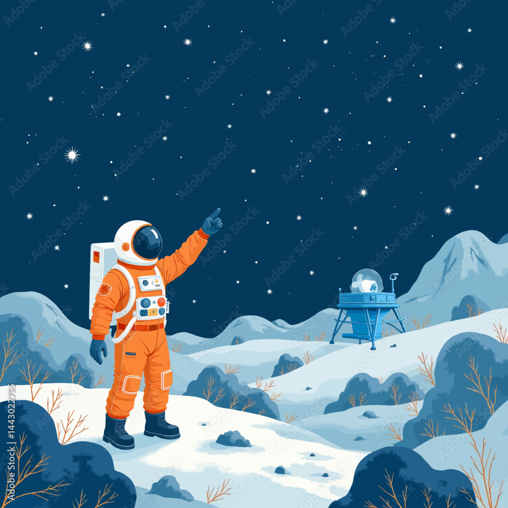 Orange Astronaut Points to Stars on Snowy Moonscape