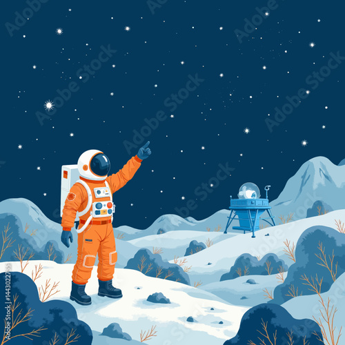 Obraz na płótnie Orange Astronaut Points to Stars on Snowy Moonscape w salonie