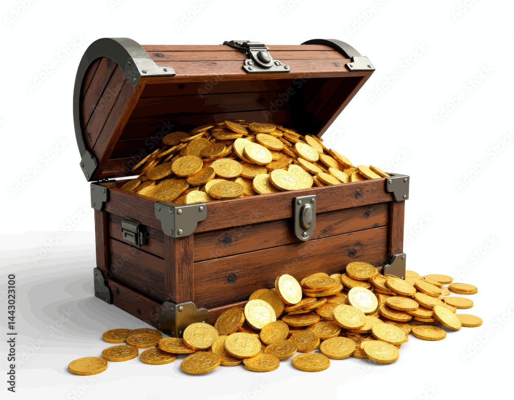 Open Wooden Treasure Chest Overflowing with Gold Coins