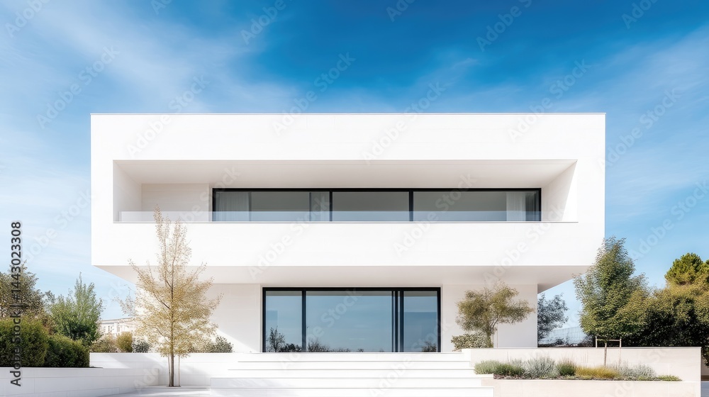 Modern white house with large windows and minimalist design, situated in a landscaped garden under clear blue sky, and contemporary architecture concept. Modern white house with large windows and minimalist design, situated in a landscaped garden under clear blue sky, and contemporary architecture concept.