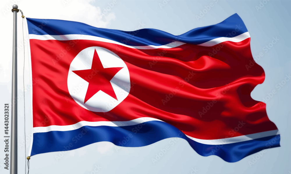 North Korean Flag Waving on a Pole