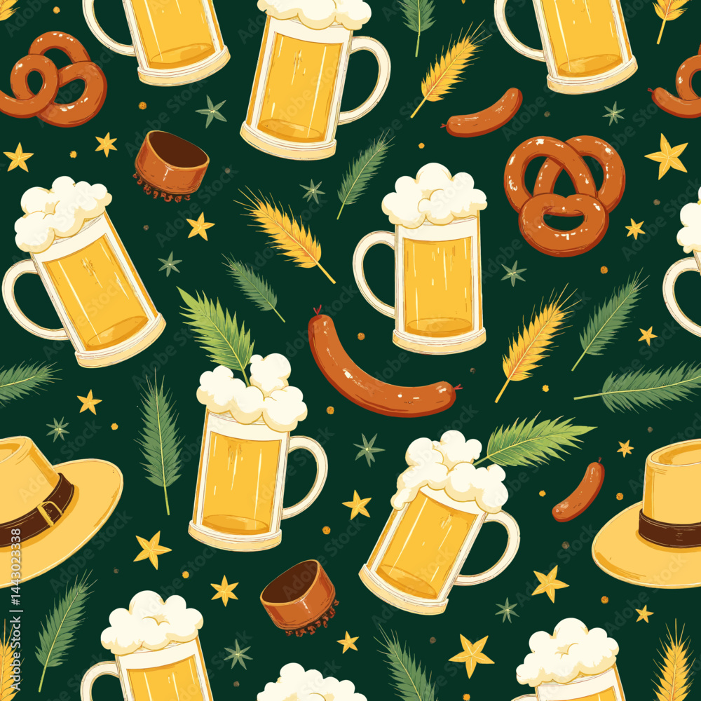 Oktoberfest Pattern with Beer, Pretzels, and Sausages