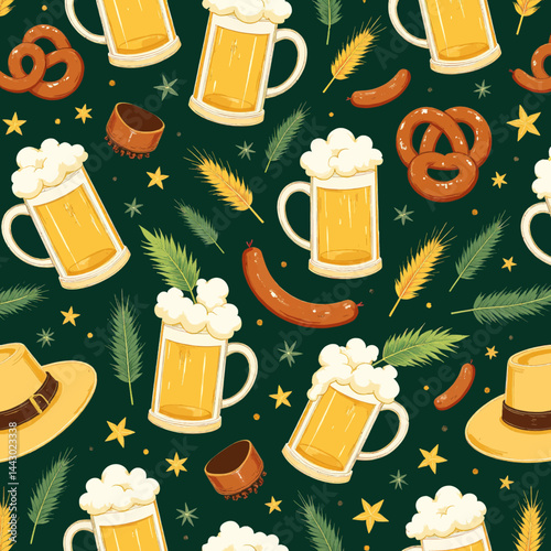 Obraz na płótnie Oktoberfest Pattern with Beer, Pretzels, and Sausages w salonie