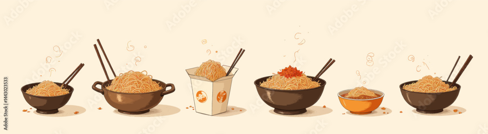 Noodle Dishes: Bowls, Takeout Box, Chopsticks, and Steam