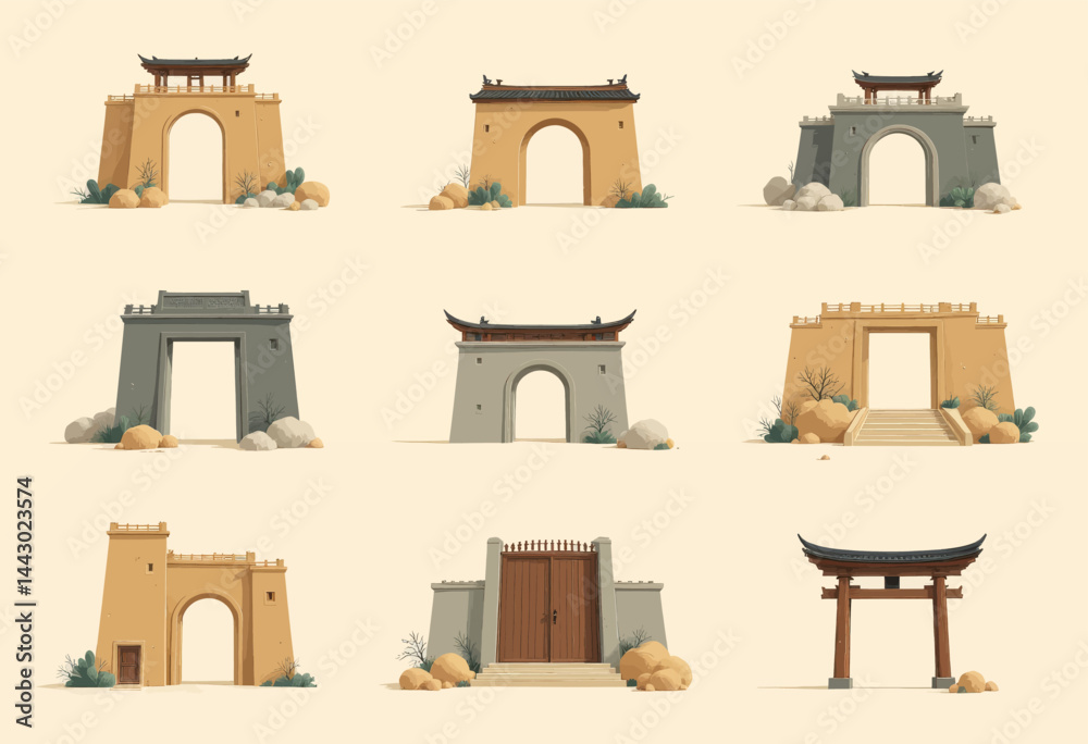 Nine Asian-Style Gateways on Beige Background