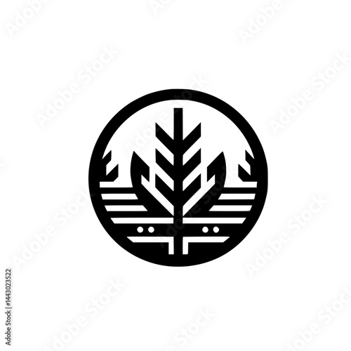 Stylized Cannabis Leaf Logo in Circle - Modern Geometric Abstract Black & White Vector Icon Design
