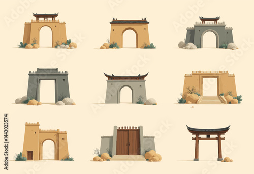 Obraz na płótnie Nine Asian-Style Gateways on Beige Background w salonie