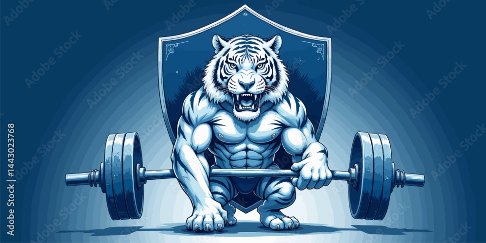 Muscular White Tiger Lifting Barbell with Shield Background