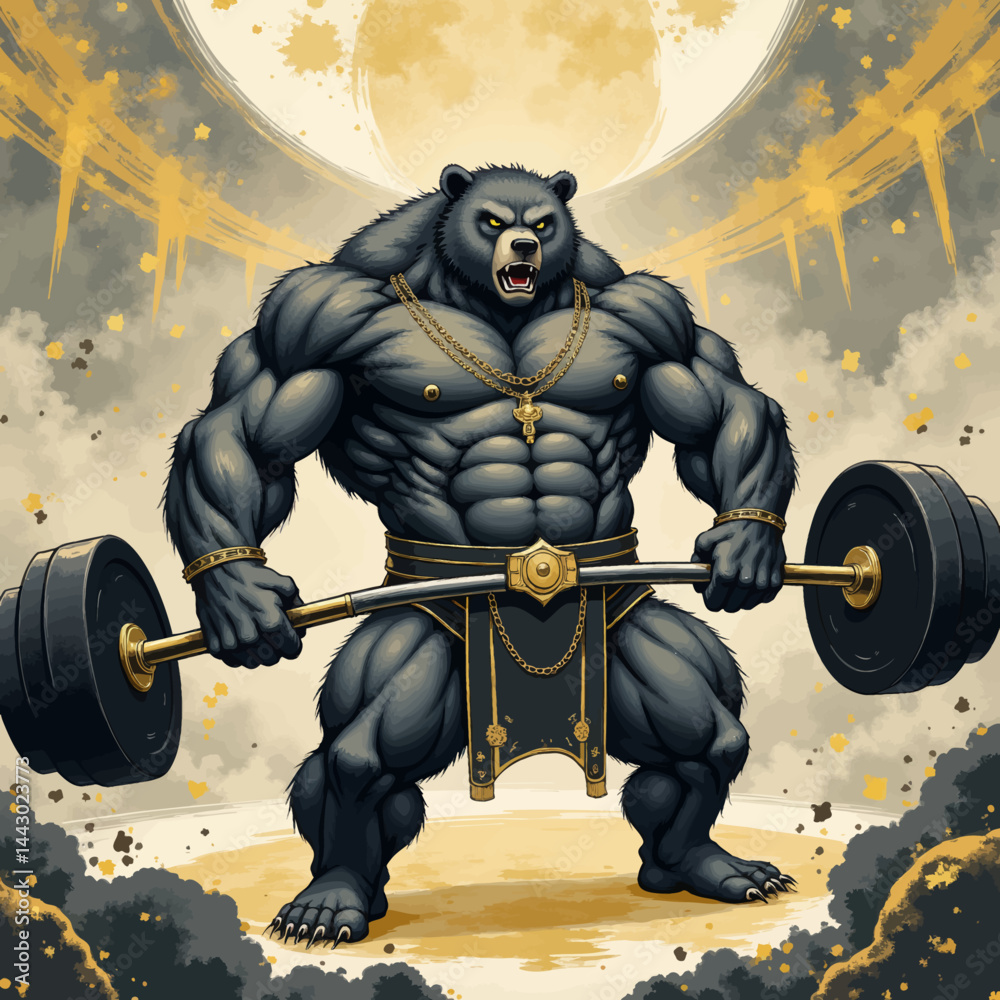 Muscular Bear Lifting Weights with Gold Chains