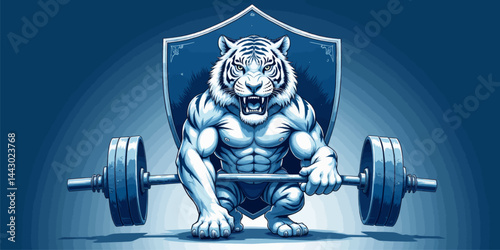 Obraz na płótnie Muscular White Tiger Lifting Barbell with Shield Background w salonie