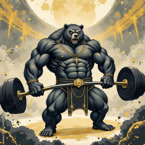 Obraz na płótnie Muscular Bear Lifting Weights with Gold Chains w salonie