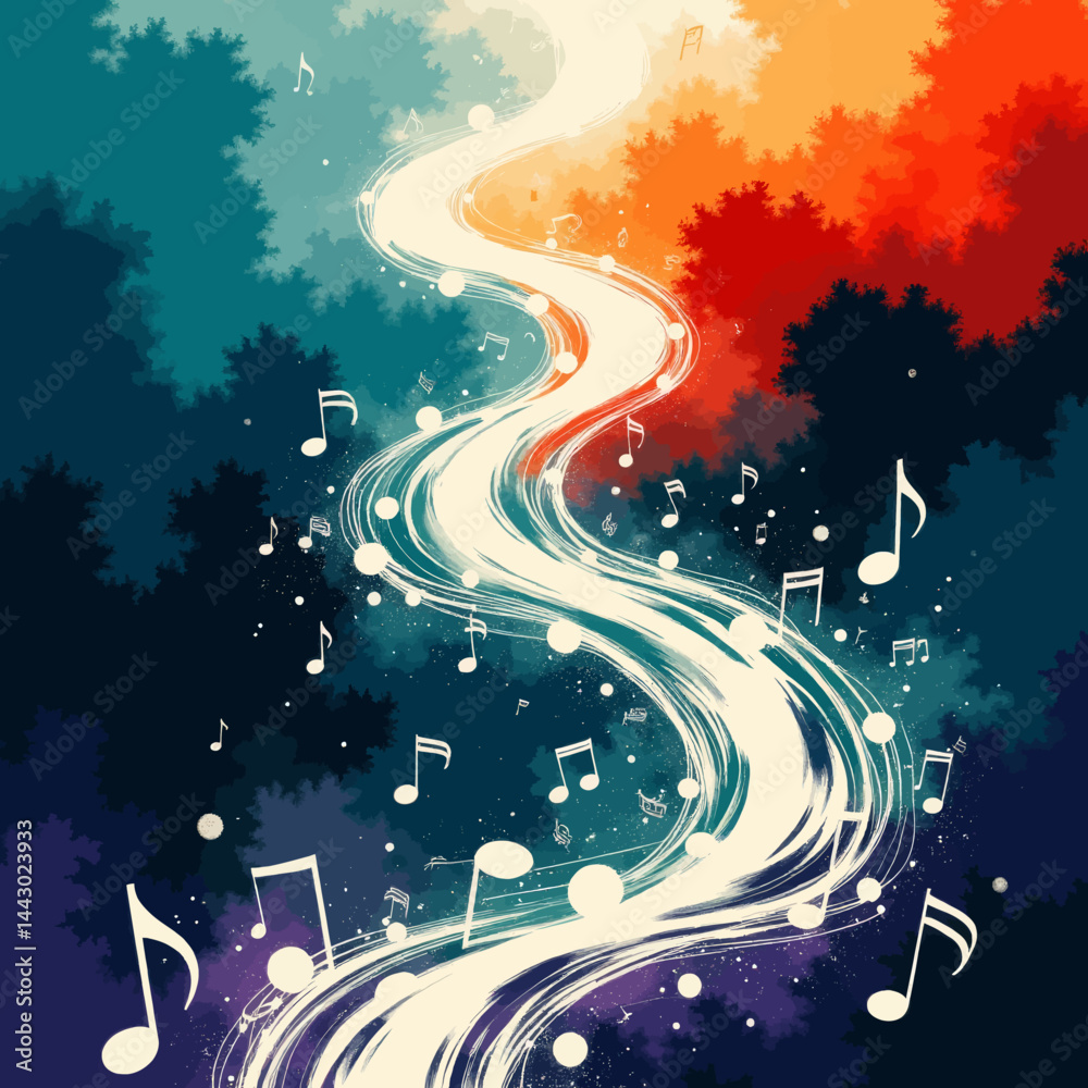 Musical River Flowing Through Colorful Treescape
