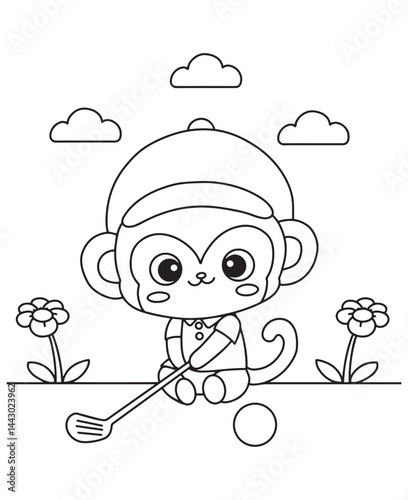 Coloring book monkey in a cap with a golf club and ball among flowers under the clouds