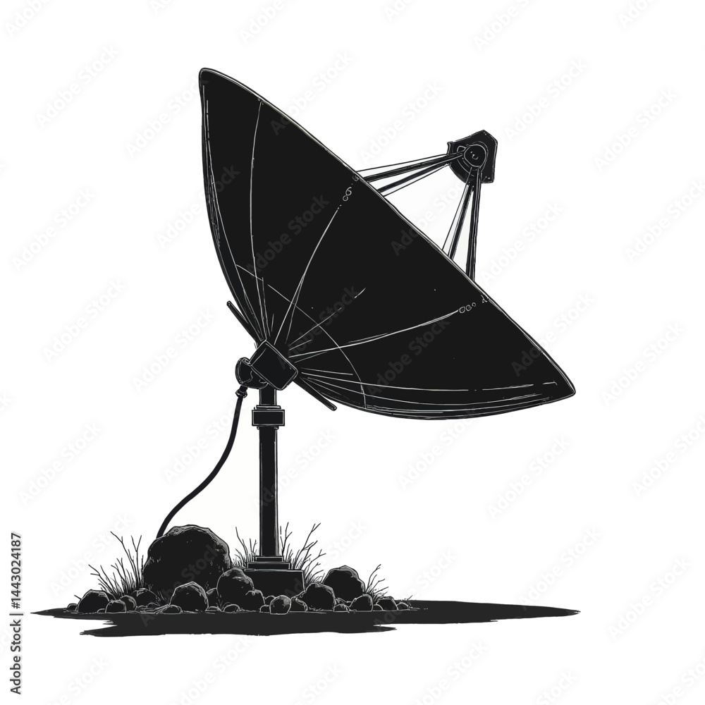 Monochrome satellite dish with rocks and grass illustration