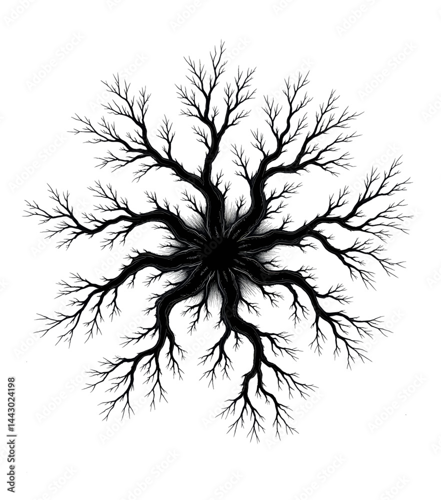 Monochrome tree branches radiating from dark center