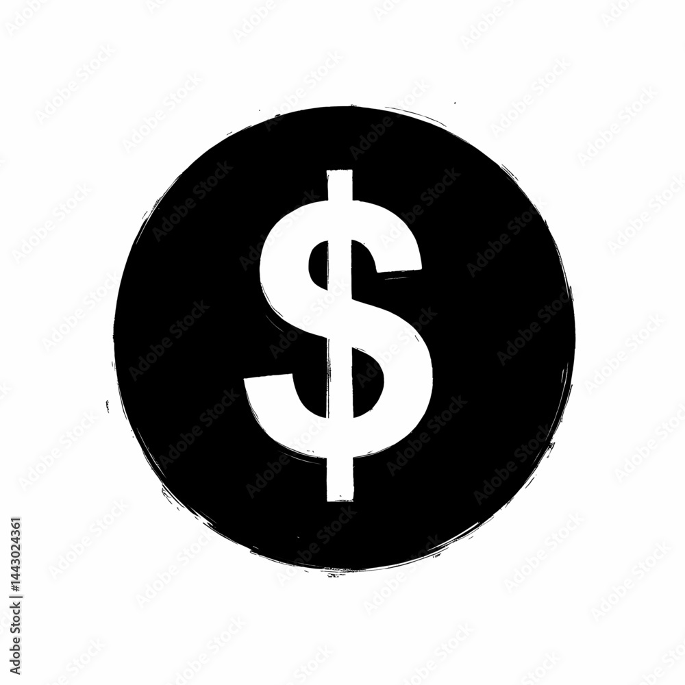 Monochrome Dollar Sign in Black Circle with Brush Stroke Texture