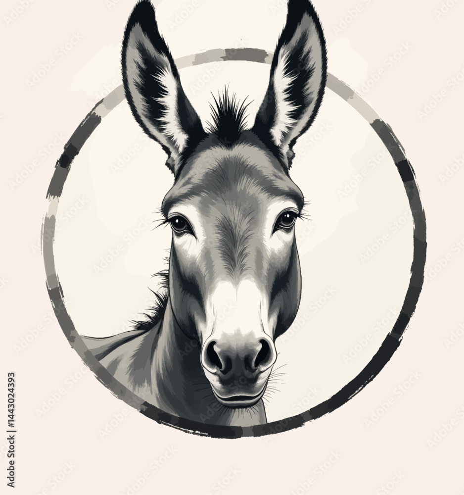 Monochrome Donkey Portrait with Circle Frame
