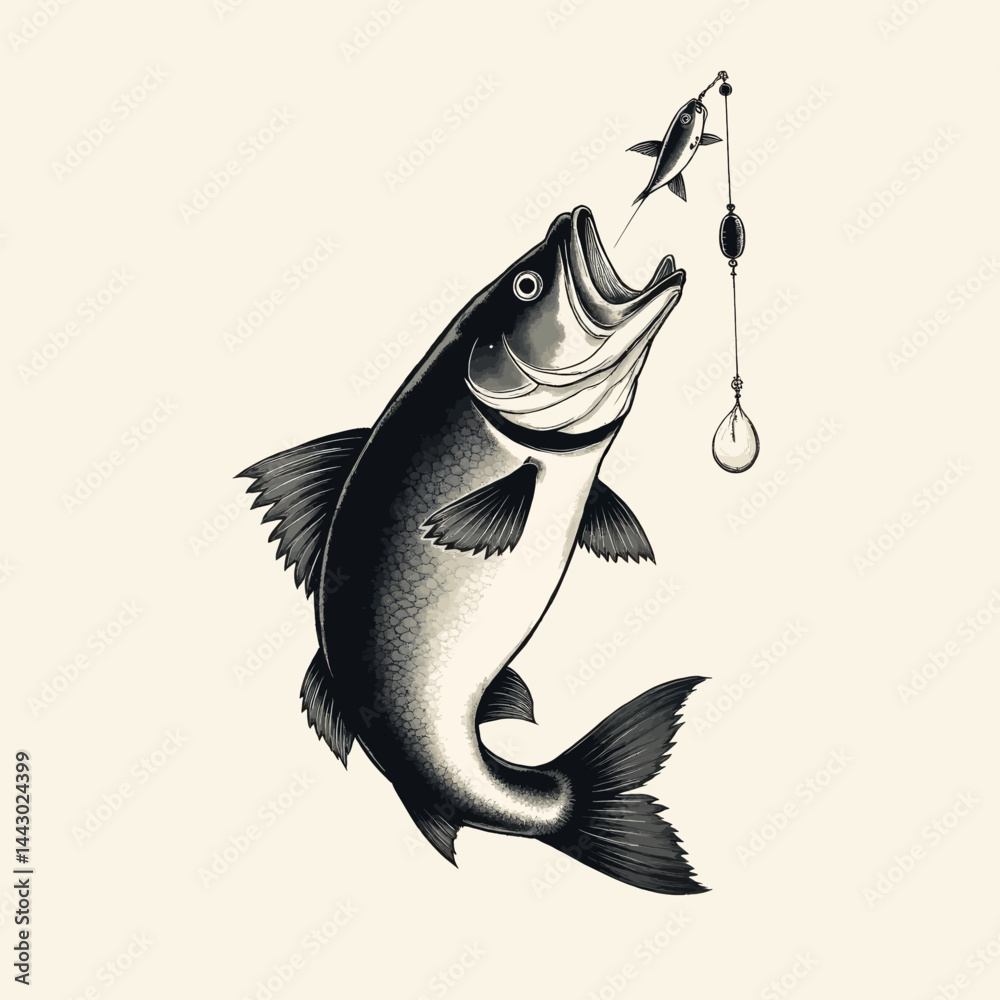 Monochrome fish leaping for lure bait on hook