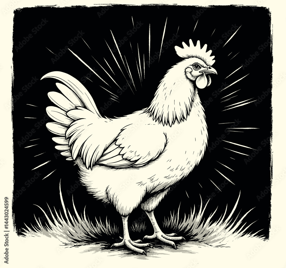 Monochrome Chicken Illustration with Bursting Light Rays