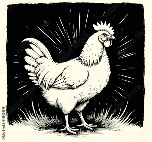 Obraz na płótnie Monochrome Chicken Illustration with Bursting Light Rays w salonie