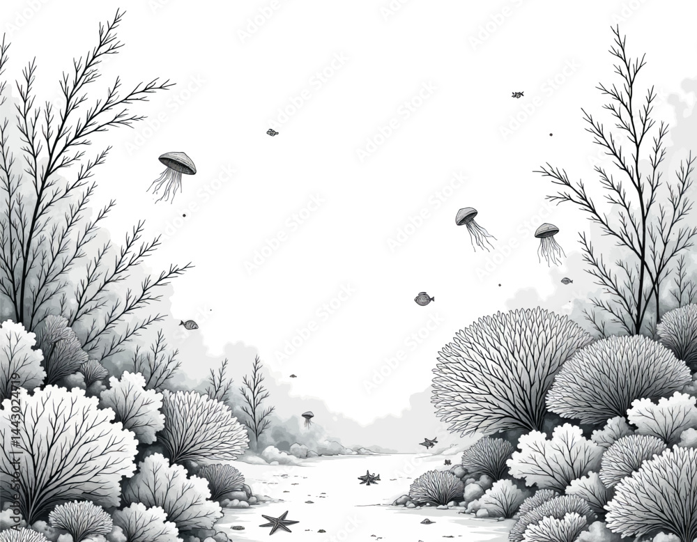 Monochrome Jellyfish and Starfish Coastal Scene