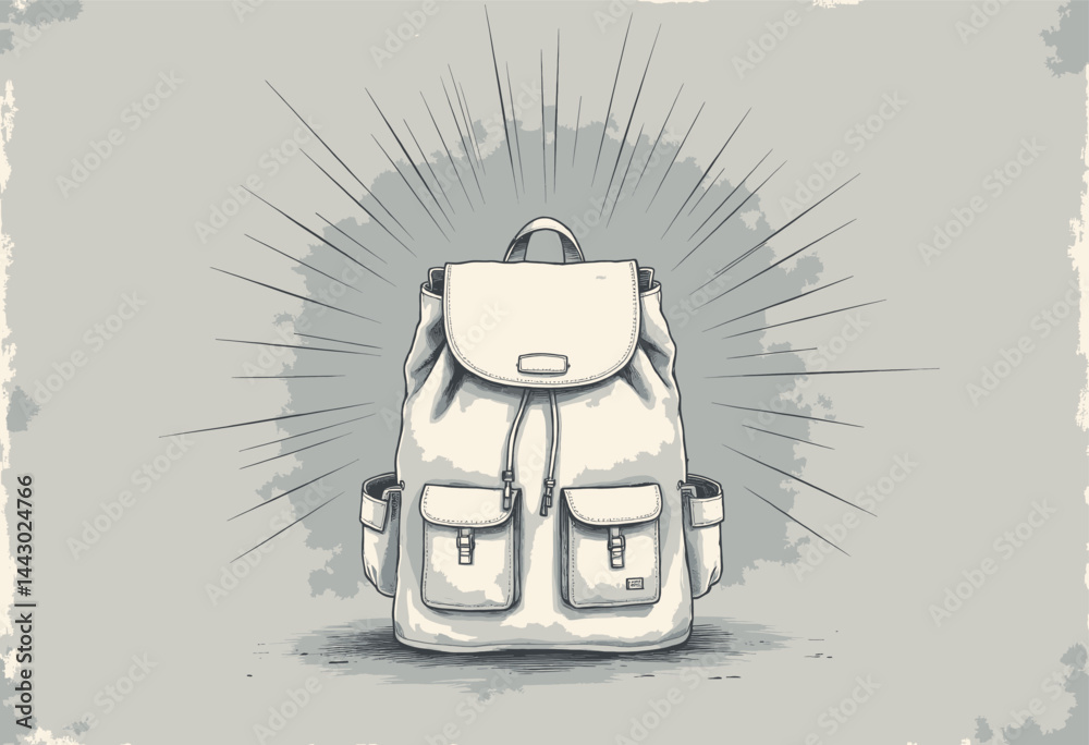 Monochromatic backpack illustration with burst background