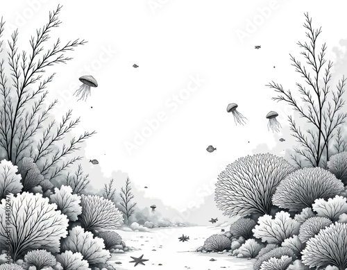 Obraz na płótnie Monochrome Jellyfish and Starfish Coastal Scene w salonie