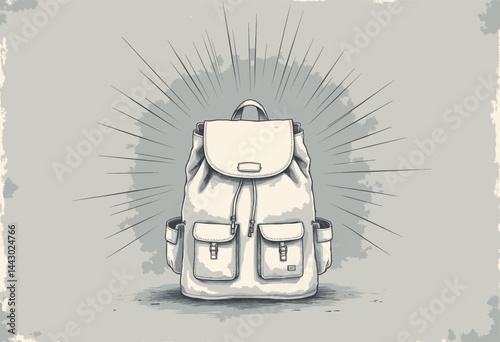 Monochromatic backpack illustration with burst background