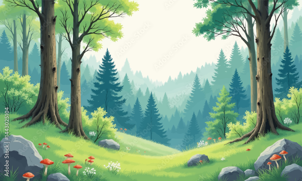 Misty Forest Glade with Amanita Mushrooms