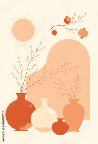 Minimalist Pottery Still Life with Pomegranates and Sun
