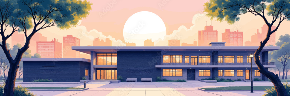 Modern Building at Sunset with Cityscape Backdrop