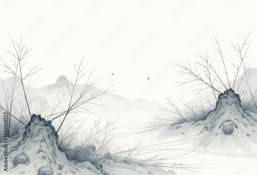 Minimalist Ink Wash Painting of Misty Mountains and Bare Trees